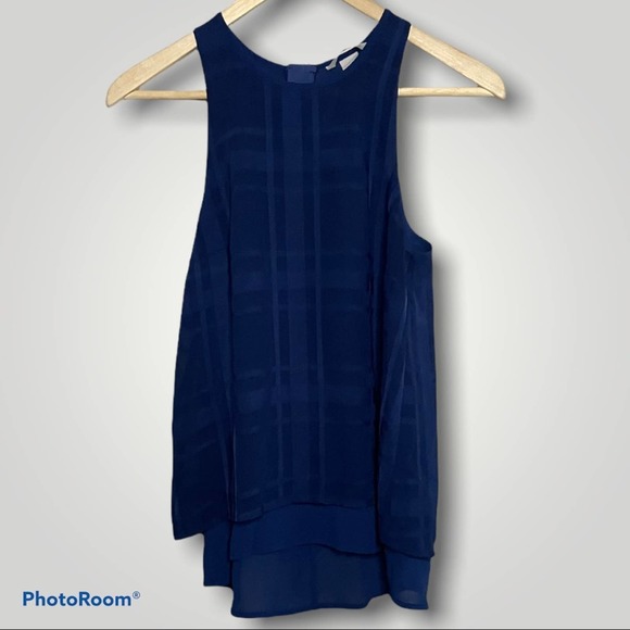 H&M Blue Plaid Chiffon Layered Swing Tank With Back Metal Zipper - Picture 1 of 13